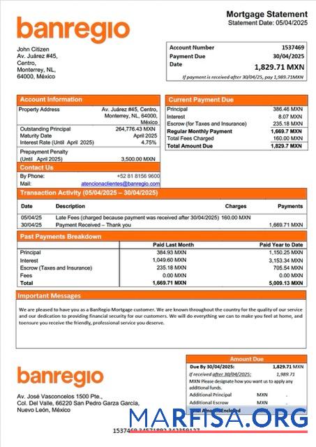 Downloadable Mexico BanRegio mortgage statement Word and PDF template